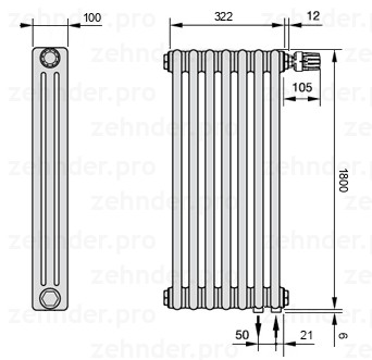 Схема (чертеж) Радиатор Zehnder Charleston 3180/7 №V002 Technoline TL